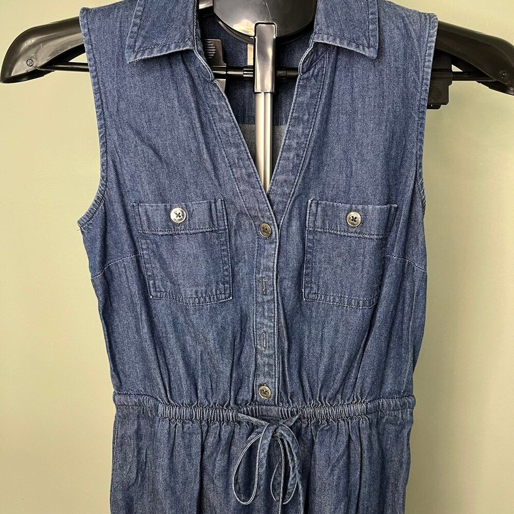 White House black market denim dress xxs 00 Jean dress sleeveless Cinched waist - Picture 2 of 7